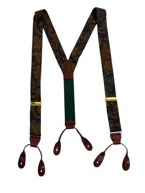 Polo Ralph Lauren Silk Paisley Suspenders Braces Leather Button Ends USA Vintage